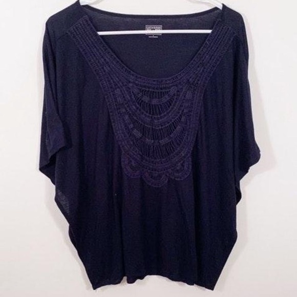 CONVERSE Navy Blue Bat Wing Scoop Neck Short Sleeve Crochet Lace Blouse - Picture 1 of 5